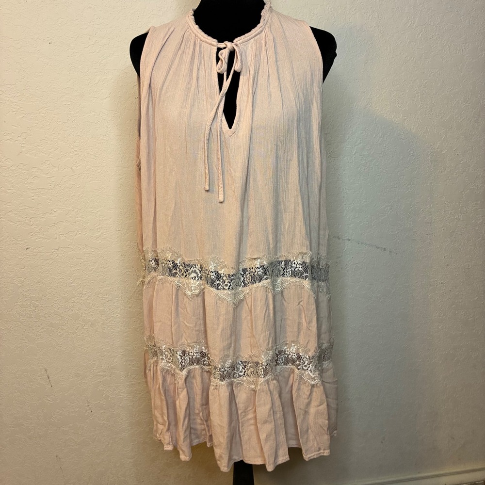 Forever 21 Contemporary Boho Lace Tiered Tunic Dress Pink XL Sleeveless Gauze